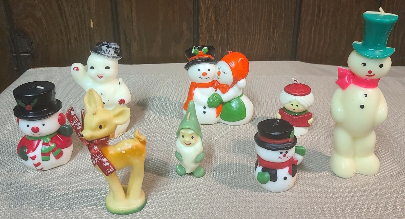 Vintage Set Of Eight Gurley Candles Including Green Dwarf And 7" Snowman